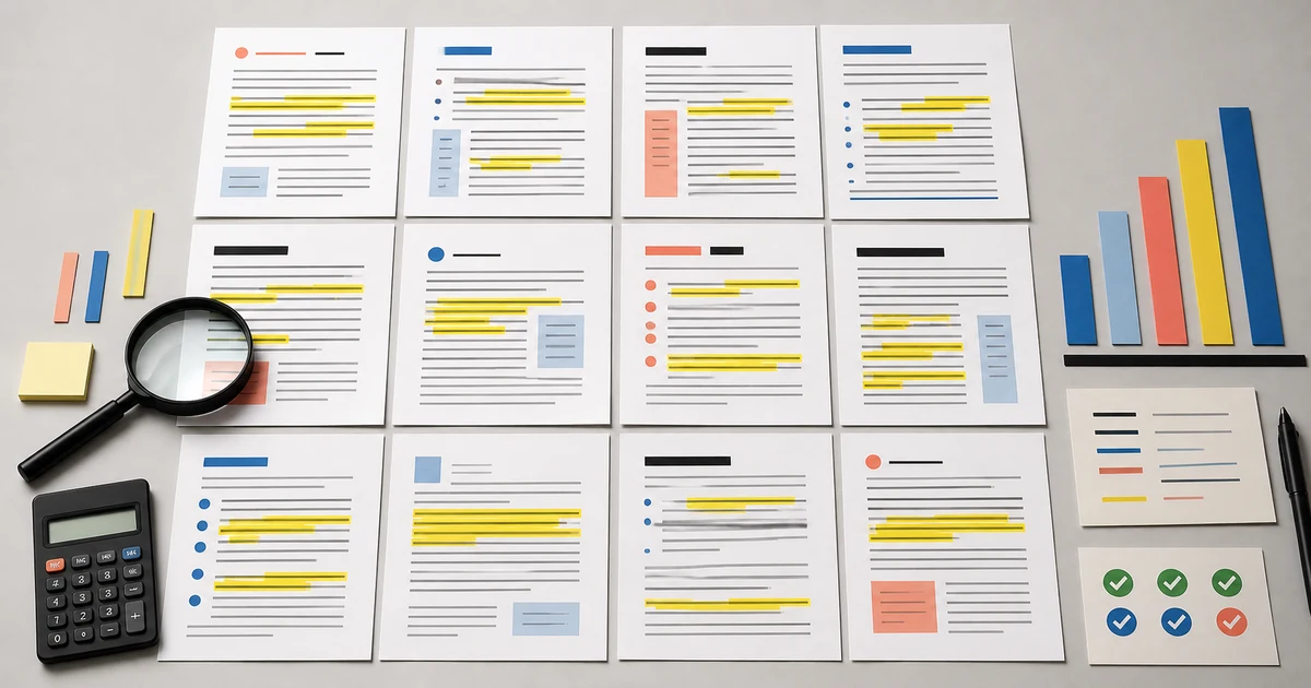 Douze documents analysés avec des passages surlignés, une loupe, une calculatrice et un graphique.